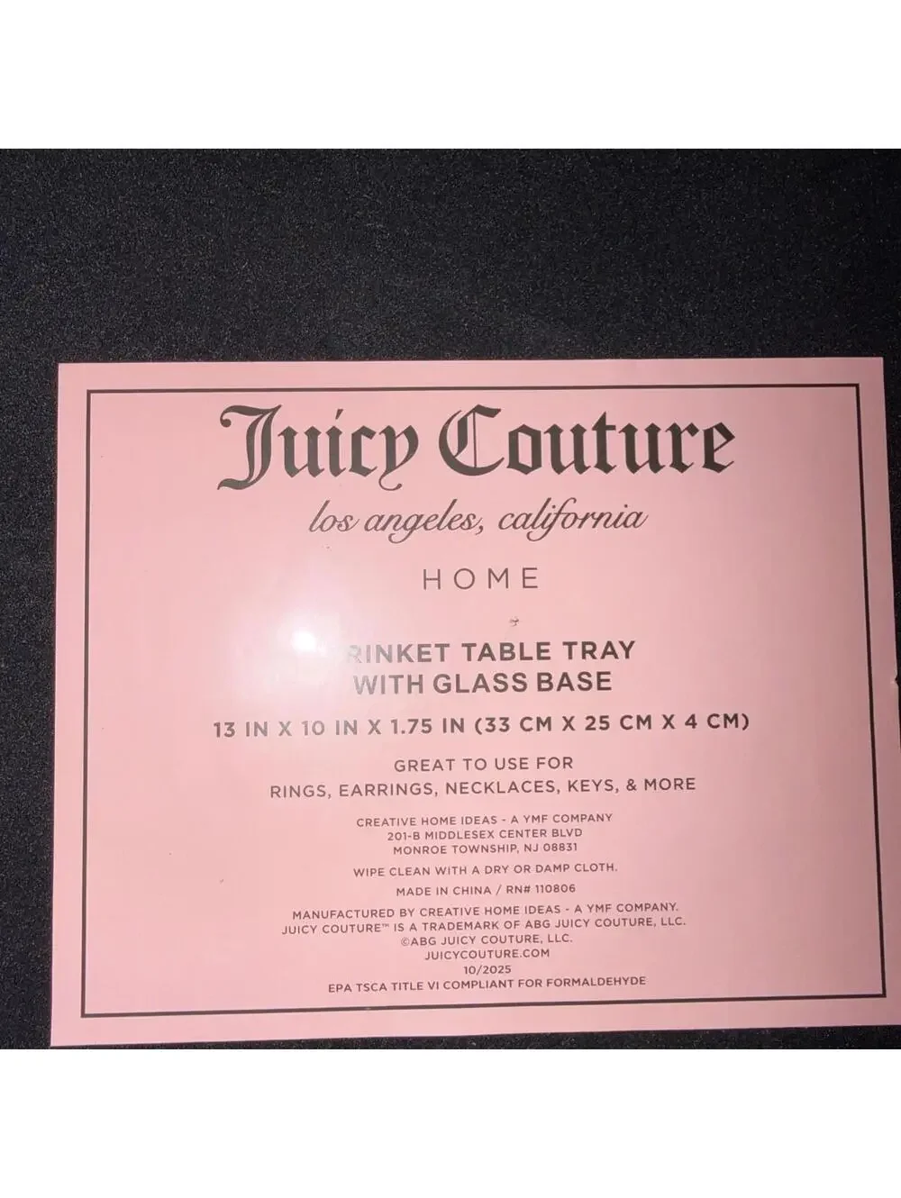 Juicy Couture Trinket Tray Hot Pink Glass Jewelry Vanity Decor 13x10